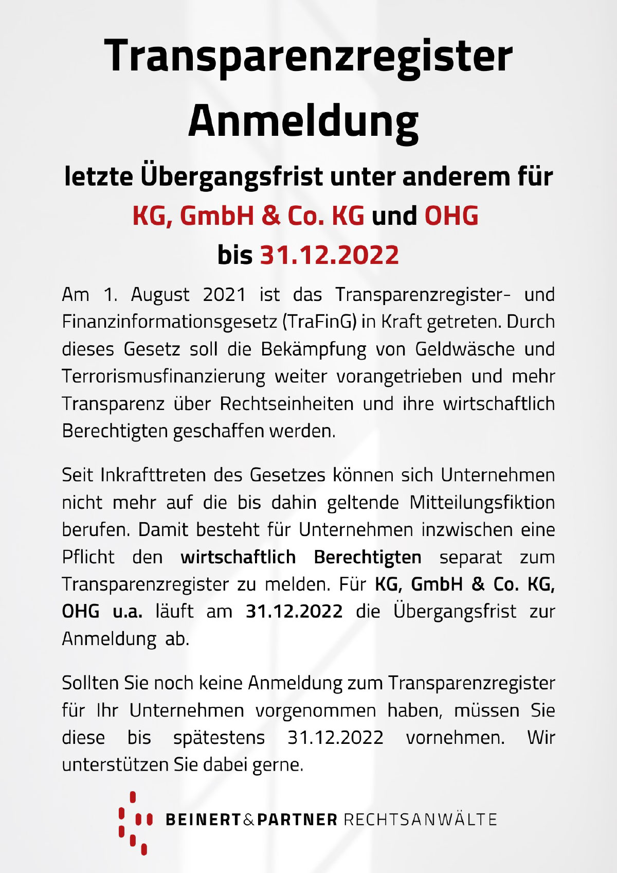 Erinnerung zur Anmeldung im Transparenzregister bis 31.12.22